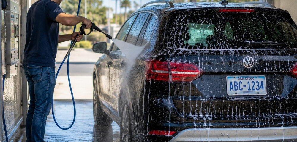 Vehicle going through a touchless automatic car wash CA