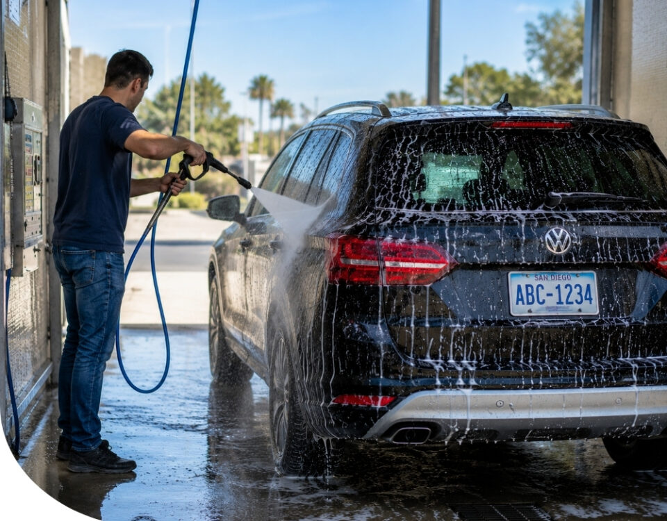 Vehicle going through a touchless automatic car wash CA