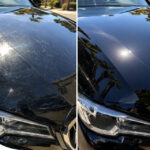 Before and after comparison of swirl marks and fine scratches on black car paint in direct sunlight