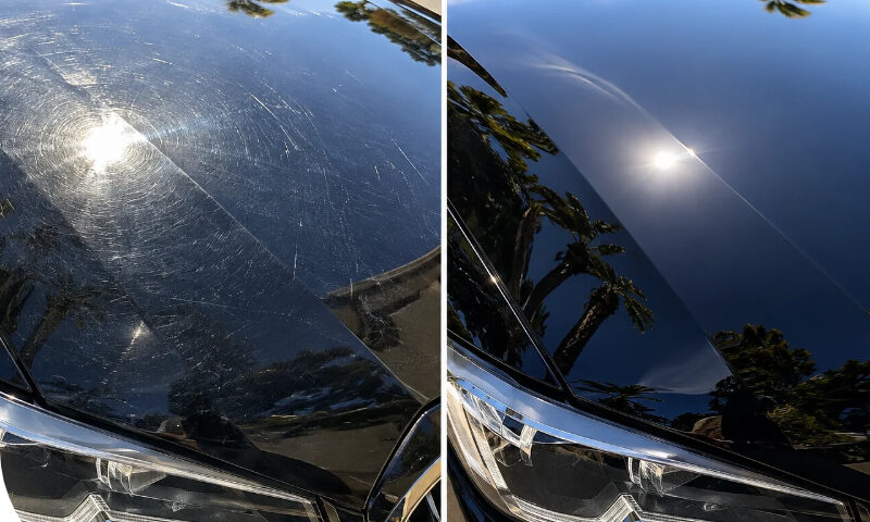 Before and after comparison of swirl marks and fine scratches on black car paint in direct sunlight