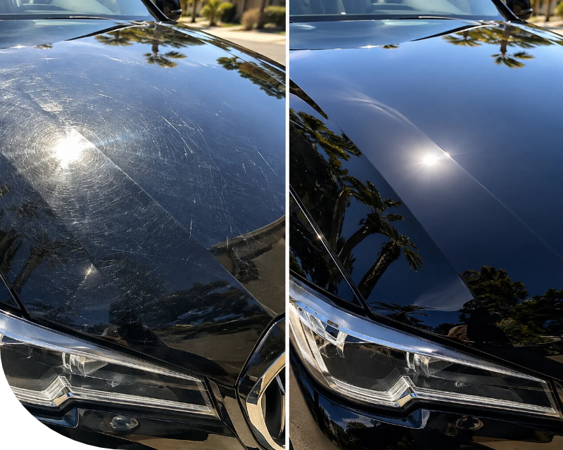 Before and after comparison of swirl marks and fine scratches on black car paint in direct sunlight
